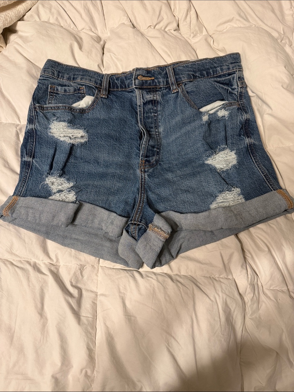 High-Rise Distressed Rolled-Hem Denim Shorts - Blue